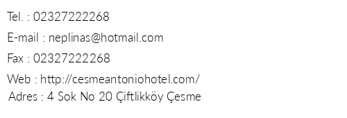 Hotel Antonio telefon numaralar, faks, e-mail, posta adresi ve iletiim bilgileri